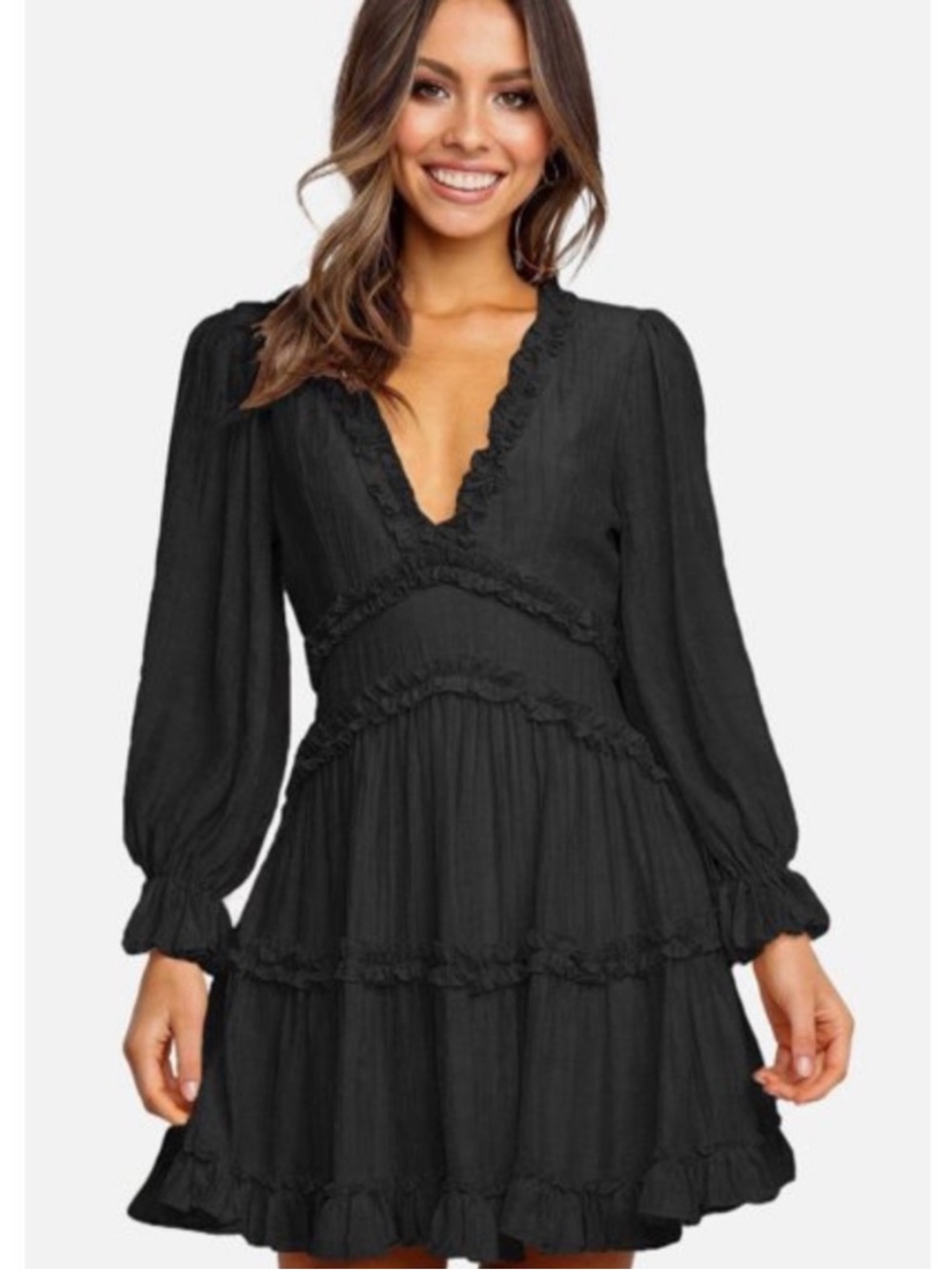 Black Ruffle V-Neck Long Sleeve Dress